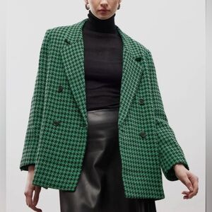 JUSTE Houndstooth Pattern Double-Breasted Green Oversize Blazer Jacket